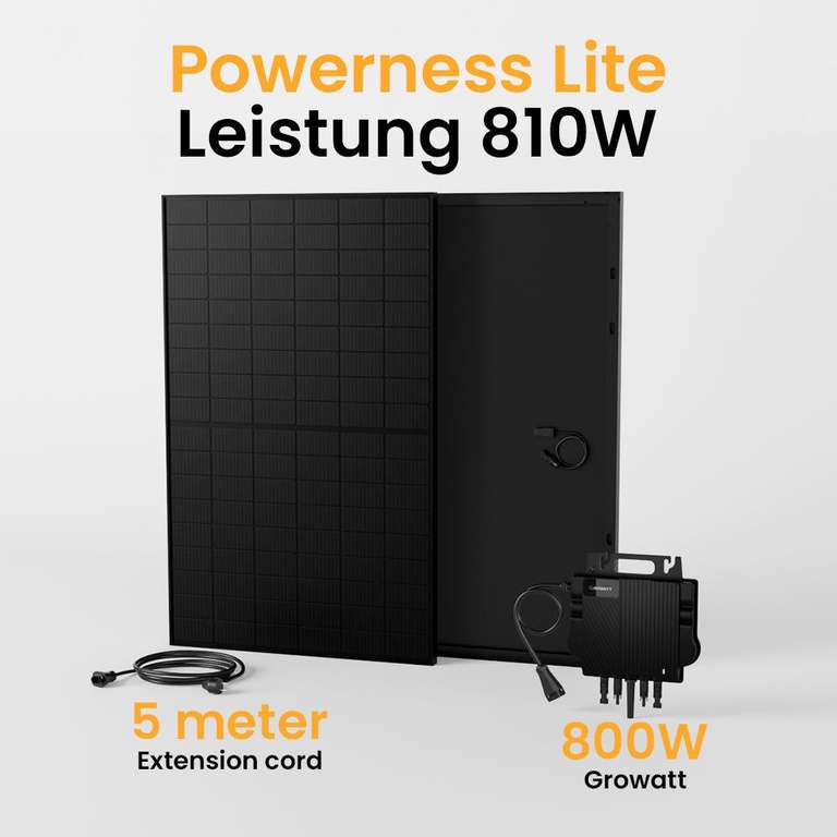 Powerness Lite Balkonkraftwerk Set, 810Wp Solaranlage, Full Black Solarpaneel, Growatt 800W /HERF 800W Wechselrichter ab 229€