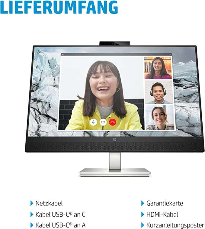 HP M27 Webcam Monitor - 27 Zoll / FHD (75Hz, IPS, AMD FreeSync, HDMI/DP, 2xUSB-A, USB-C, Blue Light Modus, silber/schwarz