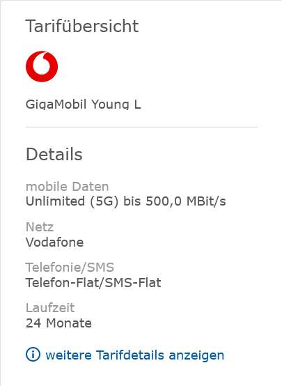 Sim Only, U28: Vodafone GigaMobil Young L GigaKombi Allnet/SMS Flat 105GB 5G 9,76€/Monat mit 295€ Cashback (19,76€/Monat ohne GigaKombi)