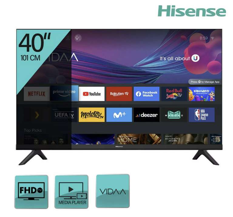 Hisense 40A4EG 101 cm (40 Zoll) Fernseher (Full HD, Triple Tuner DVB-T2 / T/C / S2 / S, Alexa)