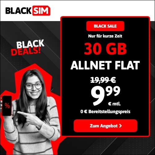 [Telefonica] - blacksim.de Black Week: 6 GB für 4,99€ + Allnet & monatlich kündbar | 17 GB für 6,99€ | 30 GB für 9,99€ | uvm.