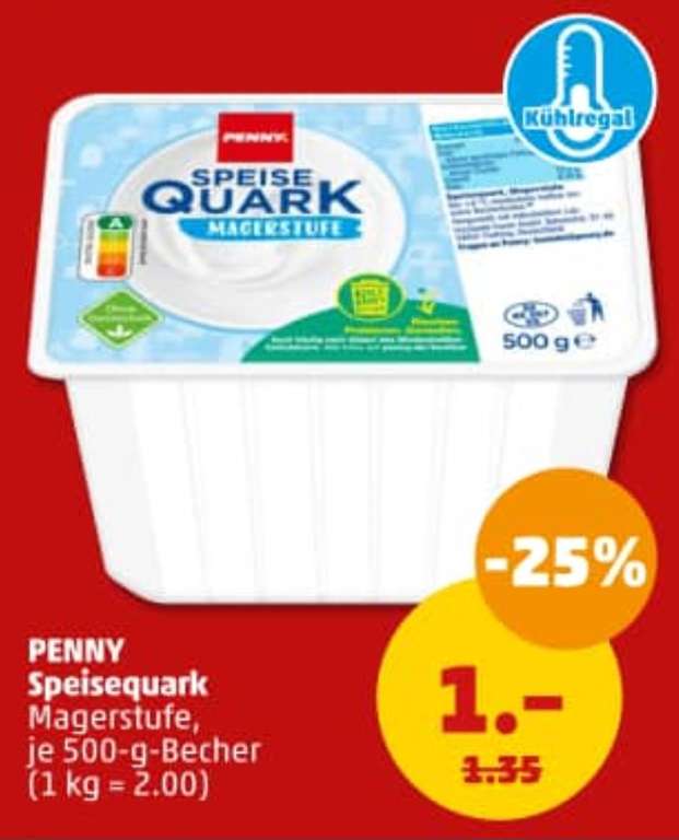 [Penny] 2 x PENNY Speisequark Magerstufe 500 g Becher 0,90 €/Becher (Angebot + 10 % Rabatt-Coupon) 12.01.-13.01.2024