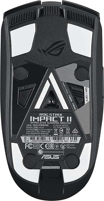 Asus ROG Strix Impact II Wireless Maus (PixArt PAW 3335 bis 16.000dpi, wechselbare Omron D2FC-F-K 50M Taster, Akku, USB-C, RGB, 93g)