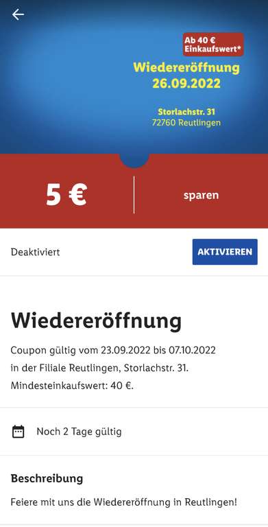 [Lokal Reutlingen] Lidl: Wiedereröffnung 5€ Gutschein ab MBW 40€