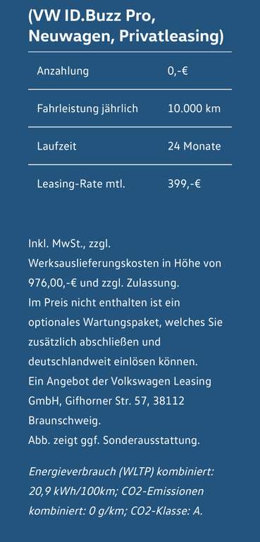 VW ID.Buzz Pro Privatleasing und Gewerbeleasing für 399€ effektiv 439,67€ 24 Monate 10.000 km pro Jahr