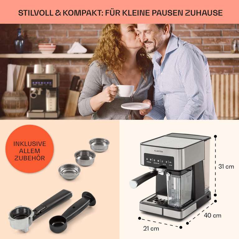 [Prime] Klarstein Espresso Siebträgermaschine mit Milchaufschäumer, 1,8L, 20 Bar Maschine, 0,5L Milchtank, 1350W, für Gemahlenen Kaffee