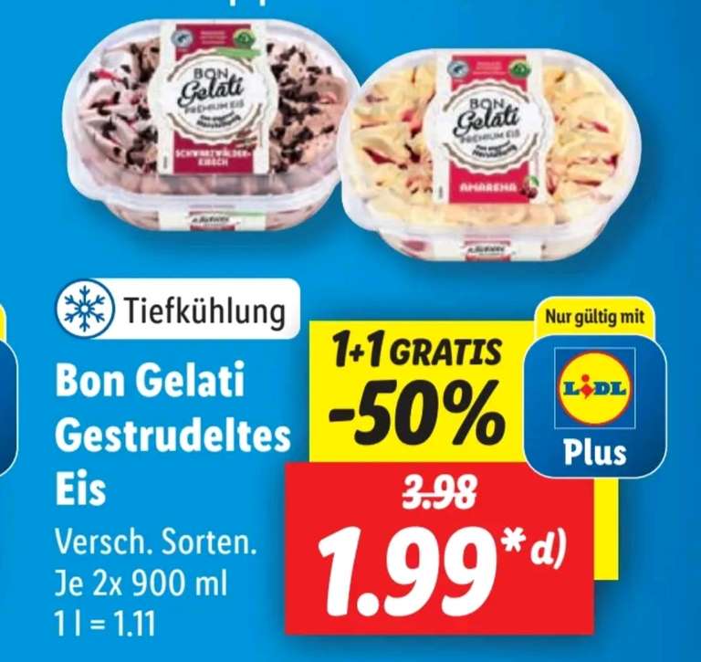 [Lidl Plus / ab 21.11.] Bon Gelati Gestrudeltes Eis 1+1 gratis, 2 Stück für 1,99€
