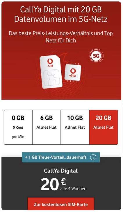 Shoop 30€ Cashback für gratis Vodafone CallYa Freikarte + 60€ Bonus, 3 Monate 20GB LTE & 5G Allnet kostenlos