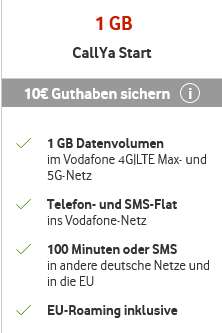 Vodafone Netz, Sim Only: CallYa Start (100 Minuten/SMS 1GB 5G je 4 Wochen) 28 Wochen lang kostenlos bei Rufnummermitnahme Zwischenparken