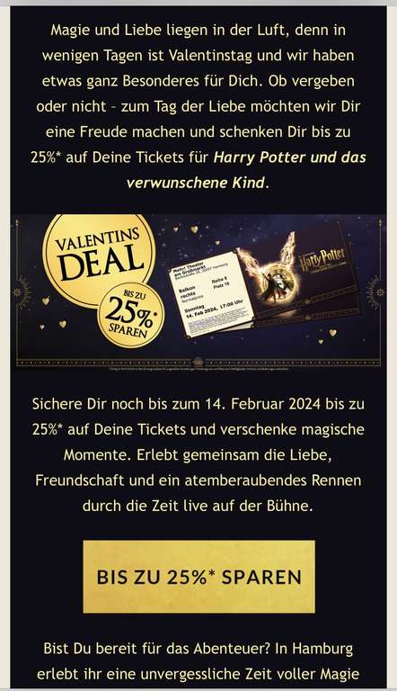 25 % Rabatt auf Harry Potter und das verwunschene Kind in Hamburg * Valentins Angebot