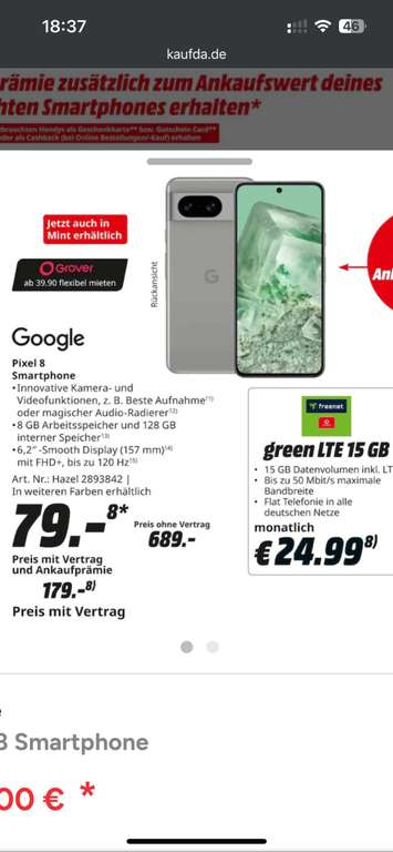 Google Pixel 8 mit 128 GB Trade in MM/Saturn offline Kauf oder Vertrag Freenet LTE Vodafone green LTE 15GB Special