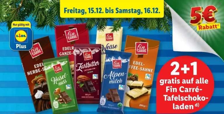 | Edel-Alpensahne Tafel-Schokolade, Fin Carré mydealz alle / 200g € (15.12.-16.12.) am (0,37 Sorten, 100g) 2+1 Beispiel LidlPlus) Gratis