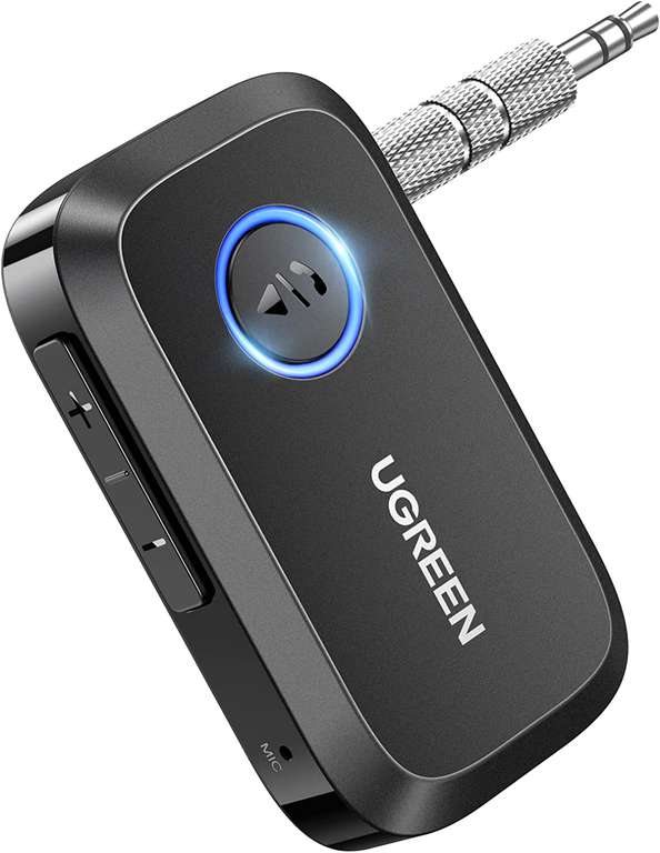 [Prime] Ugreen 90748 Bluetooth-Adapter (Empfänger, z.B. fürs Autoradio, Bluetooth 5.3, Dual-Kopplung, ~15h Akku, USB-C, Mikrofon)