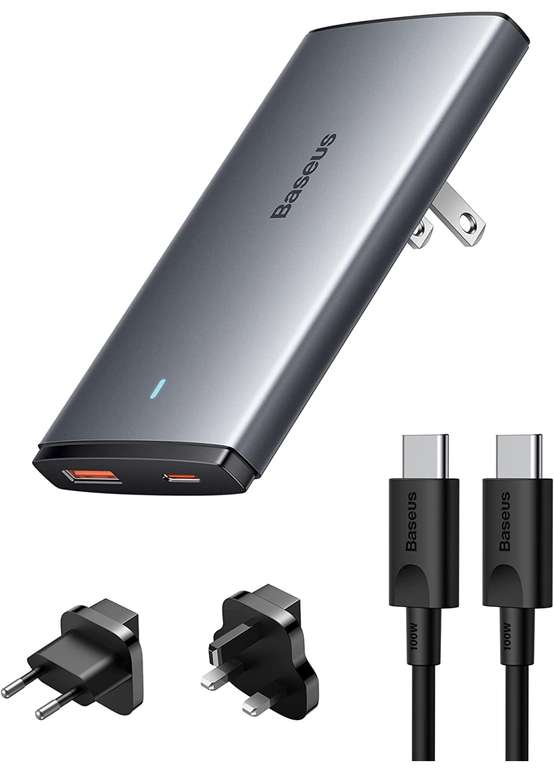 [amazon prime] Baseus 65W 2-Port USB-C/A Ladegerät Slim 16mm mit EU/US/UK-Reiseadapter