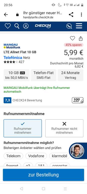 [Telefonica Netz] MAINGAU Mobilfunk 10GB LTE50 und Allnet+SMS Flat 5.99€/Monat