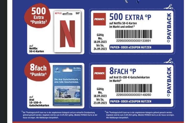 [Payback] 8fach Punkte auf Aral Gutscheinkarten & 500 Extrapunkte für 50€ Netflix Karten bei Penny | gültig ab 18.09.2023