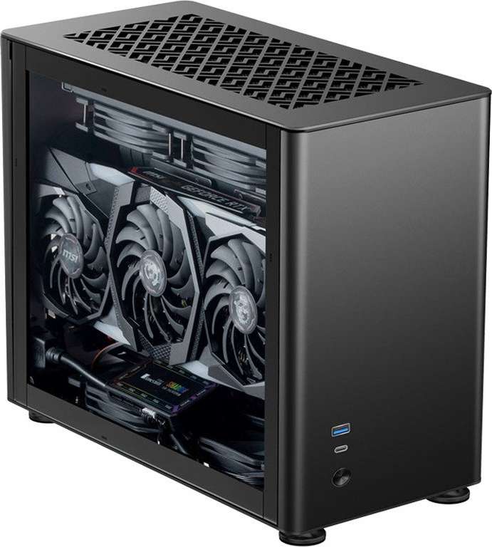 Jonsbo A4 PC-Gehäuse schwarz (15.69l, Mini-ITX, SFX-L, GPU bis 325mm, CPU bis 71mm, inkl. Riser-Kabel, Alu, Glas-Seitenteil, 5.6kg)