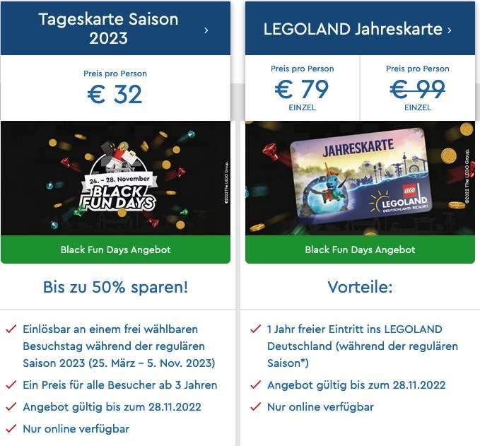 LEGOLAND Deutschland - Black Fun Days Sale, € 32 Tageskarte/€ 79 Jahreskarte/€ 109 Merlin Abenteuer Pass