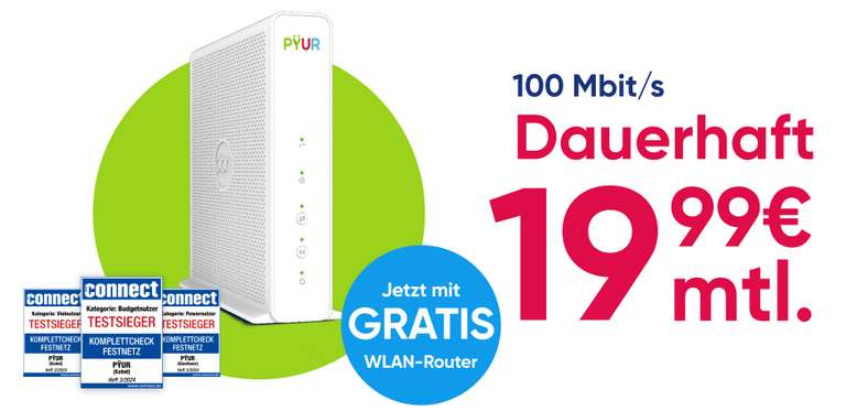 Pyur - Kabel Internet ohne FestnetzTelefon- gratis Router ab 19,99€ Monat - 100/250/500 Mbit/s