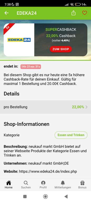 Bestshopping: 22% Cashback bei EDEKA24, 3,75% Cashback bei eBay, 5€ Willkommensbonus