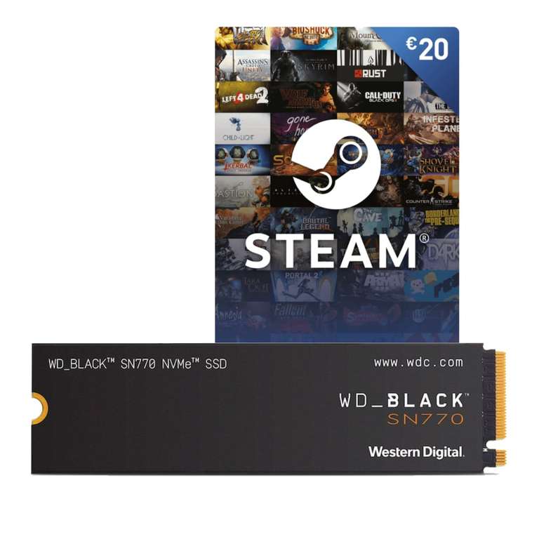 Western Digital WD_BLACK SN770 NVMe SSD 2TB, M.2 (R5150, W4850, 3D-NAND TLC, PCIe 4.0 x4, PS5-kompatibel) + 20€ Steam-Guthaben