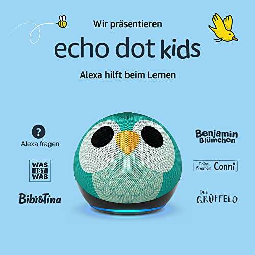 Echo Dot (5. Generation, 2022) Kids, mit Kindersicherung | Eulen- oder Drachen-Design; 1 Jahr Amazon Kids+ inklusive