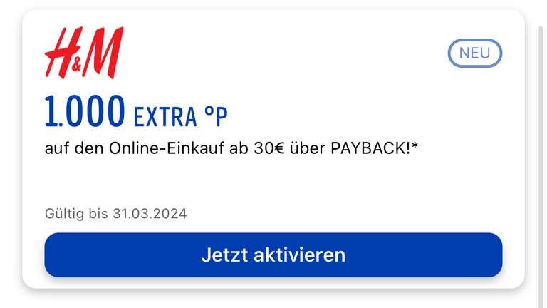 [Payback x H&M] 1.000 Payback Punkte für Online-Einkauf ab 30€ (personalisiert)