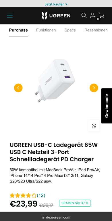 UGREEN USB-C Ladegerät 65W USB C Netzteil 3-Port Schnellladegerät PD Charger