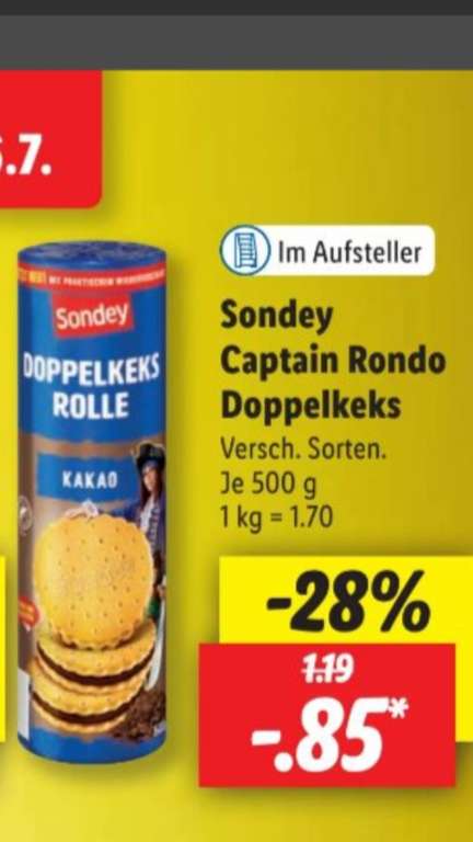 Lidl: 500g Rolle Sondey Captain Rondo Doppelkekse in versch.Sorten , Kilopreis 1,70€