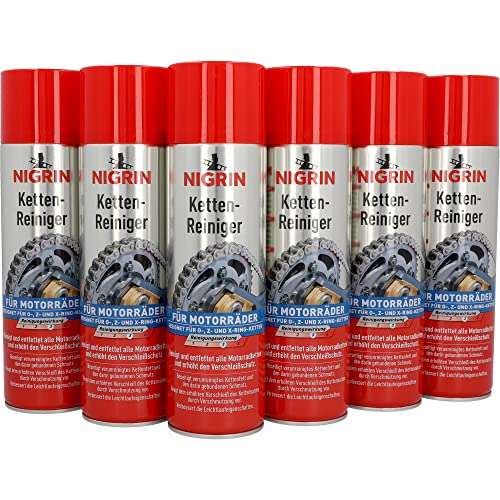 AMAZON Prime Deal - NIGRIN Kettenreiniger, 6 x 500 ml Sprühdose, Kettenspray für Motorrad, reinigt und entfettet Motorradketten