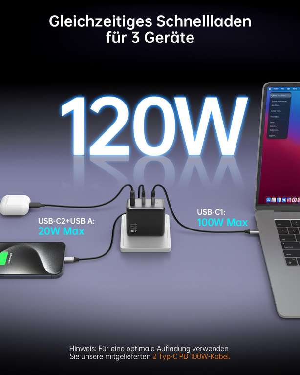 [Prime] NOVOO 120W USB C Ladegerät - GaN III - 1x USB-A / 2x USB-C, inkl. 1m+1,5m USB-C Kabel (Händler: Mbest EU)