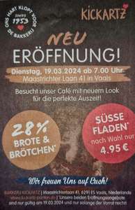 [Lokal Vaals / Aachen] Printen Bäckerei Kickartz Neu Eröffnungsangebot 28% auf Brote & Brötchen, Süße Fladen nach Wahl nur 4,95 € - 19.03.24