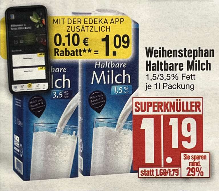 [Edeka App] 3x Weihenstephan Haltbare Milch 3,5%/1,5% für effektiv 0,76€ pro 1l-Packung (Angebot + Coupon)