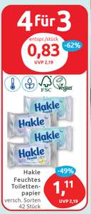 [offline Budni] Hakle Feucht 4 für 3, 168 Tücher (pro Packung x 42 Blatt), pflegendes feuchtes Toilettenpapier, schnell wasserlöslich