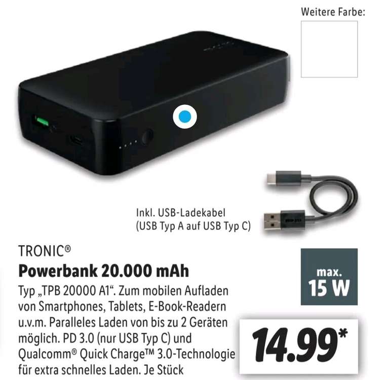 Powerbank 20 000mah Tronic/Lidl USB C PD 3.0 QC