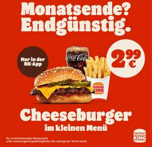 Burger King : Cheese Burger + kleine Pommes + 0,25l Soft Drink Getränk = 2,99€ bis Ende Februar gültig