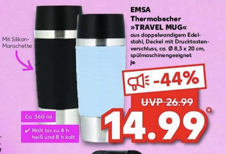 [Kaufland] Emsa Travel Mug Isolier-Trinkbecher 0,36 l - hält 4h heiß/ 8h kalt, 100% dicht, Quick-Press-Verschluss, ab 26.1.