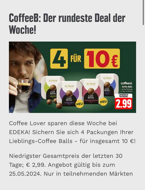 Edeka Netto Marktkauf CoffeeB Aktionswoche 4 Päckchen für 10 €/ Einzeln ab 2,50€