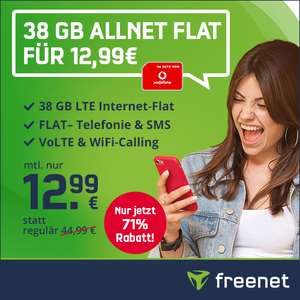 [Vodafone-Netz] 38 GB green LTE Tarif für 12,99€ / Monat von freenet mit 100 Mbit/s + VoLTE, WLAN Call & Allnet- & SMS-Flat & 19,99€ AG