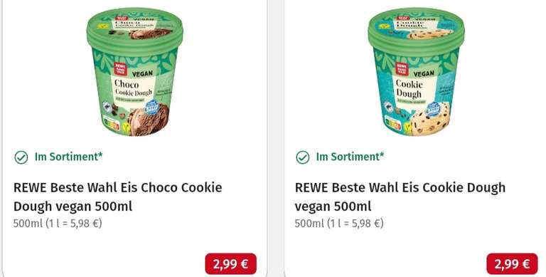 [Rewe ab 08.04.] Beste Wahl Eis Cookie Dough versch. Sorten, vegan je 500ml für 2€