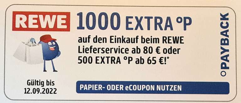 1000 EXTRA⁰ P auf den Einkauf beim REWE Lieferservice ab 80 € oder 500 EXTRA °P ab 65 €!*