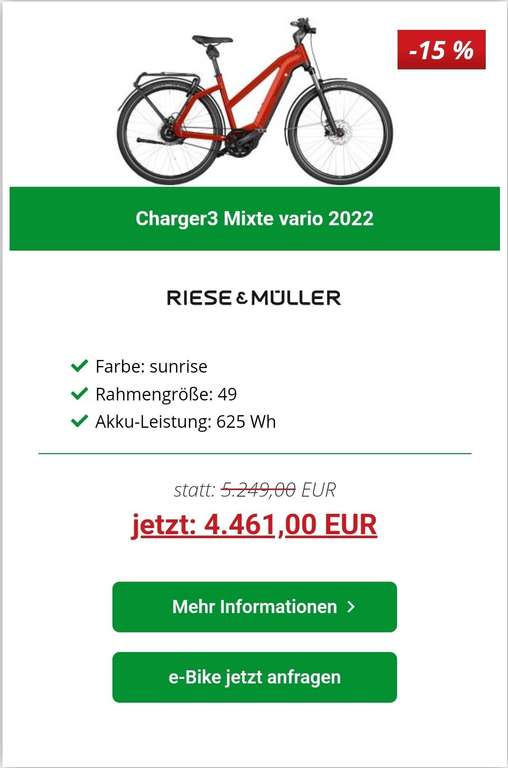 Riese und Müller charger3 mixte Vario E-Bike Summer Sale - Hercules, Bianchi, Cannondale ... bis zu 22%