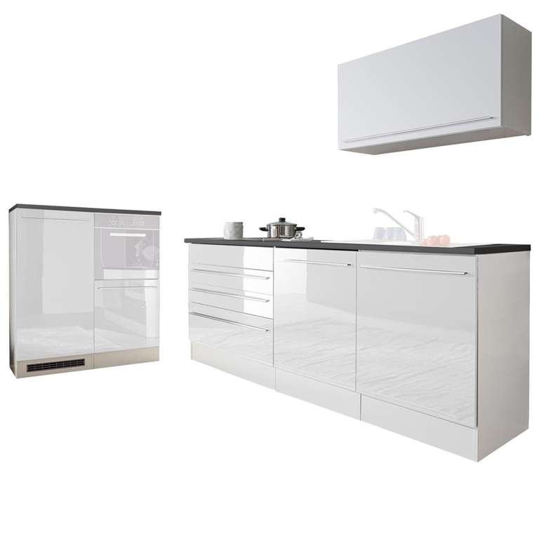 Küchenblock, weiß Hochglanz, Stone dark, 320 cm, ohne Elektrogeräte & Spüle, Breite: ca. 200 cm + 120 cm