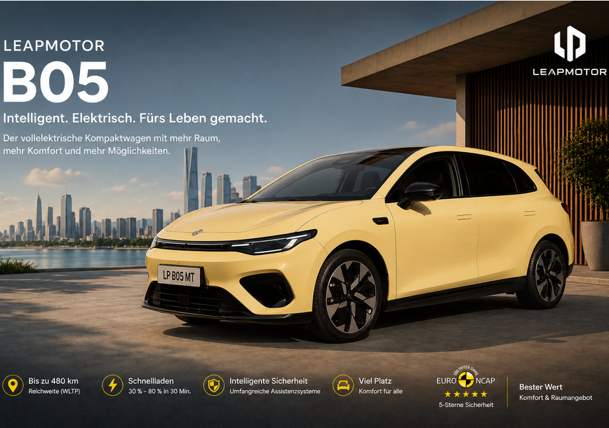 Leapmotor B05 Life Pro / 56,2 kWh / 218PS | als Design Pro Max 67,1 kWh ab 30.341,60€ (dt. Neuwagen/förderfähig)