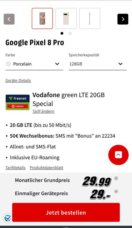 Google Pixel 8 Pro 128GB mit Pixel Buds Pro Vodafone Netz Green LTE 20 GB