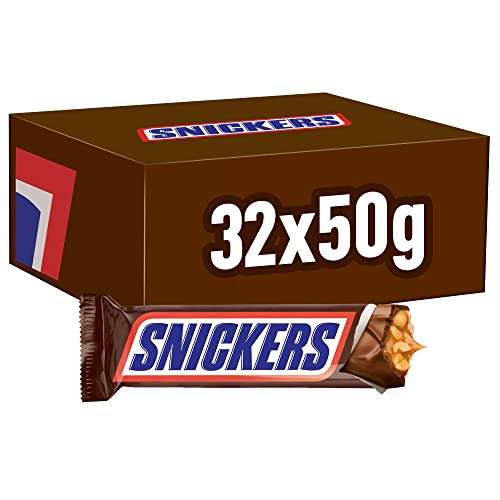 Amazon Prime: Snickers Schokoriegel Großpackung | Erdnüsse, Karamell | Fußball Snack | 32 Riegel in einer Box | (32 x 50g) (Spar-Abo)