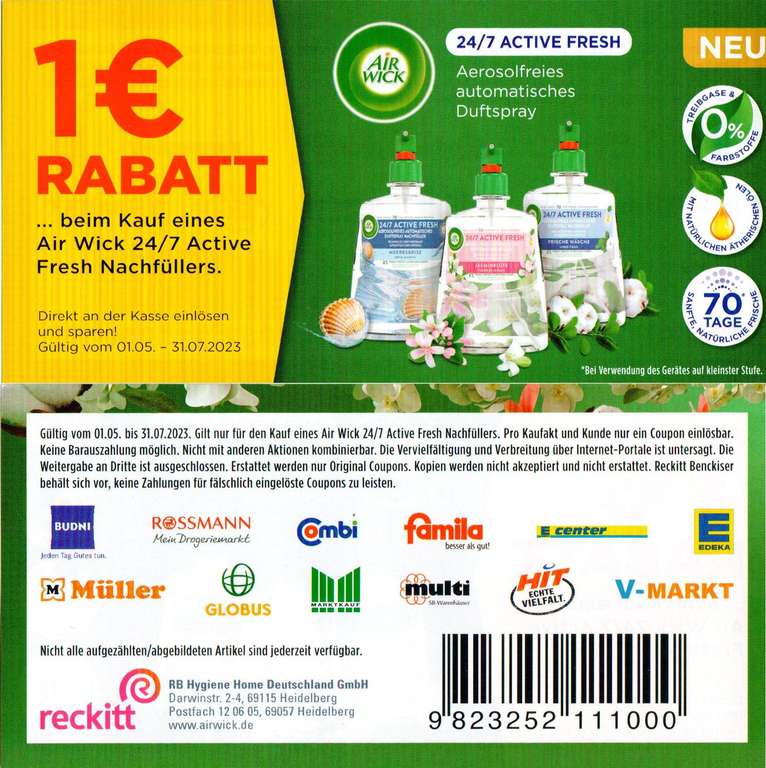 1€ Rabatt-Coupon für den Kauf eines Air Wick 24/7 Active Fresh Nachfüllers bis 31.07.2023
