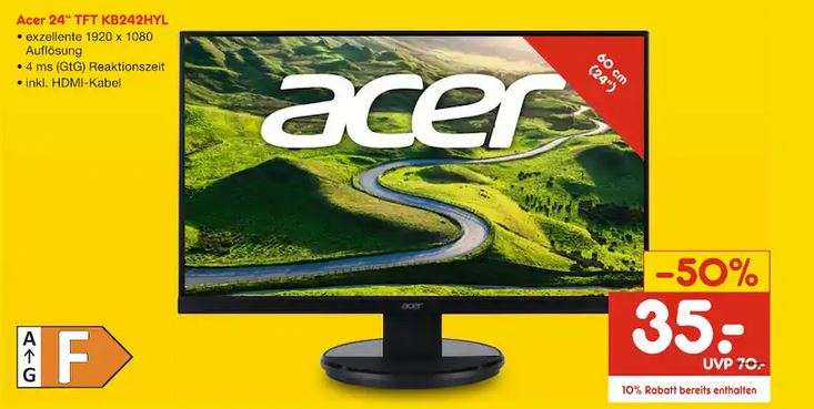 [Lokal - Netto Markendiscount Querfurt und Müllrose] Acer 24 Zoll LCD Monitor KB242HYL Full HD mit HDMI Kabel ab 19.März
