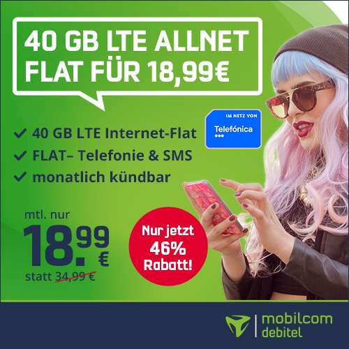 [mtl. kündbar SIM-Only] Telefonica green mit 40GB LTE Datenvolumen (225 Mbit/s) + Telefon- & SMS-Flat für 18,99€ monatlich + 9,99€ AG