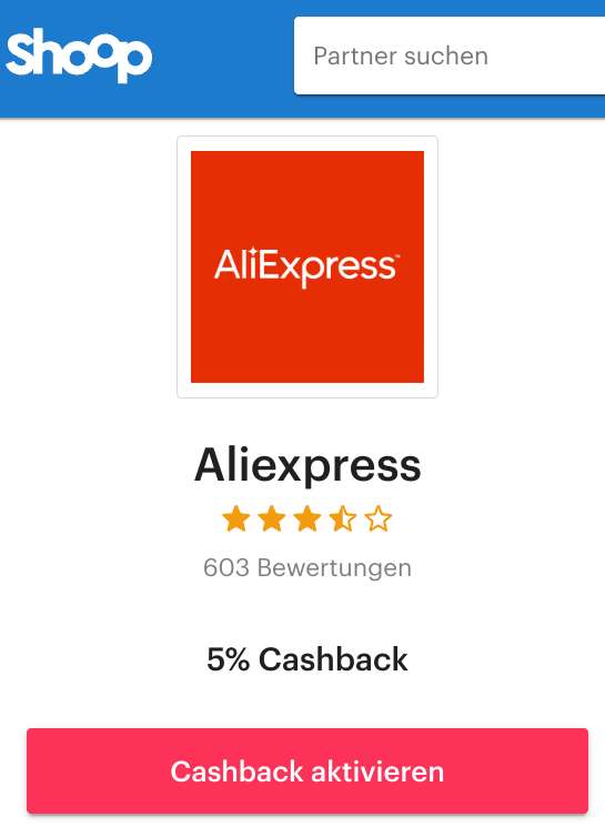 Aliexpress: 5 % Cashback mit Shoop statt 4 %, bis 30.04.2024